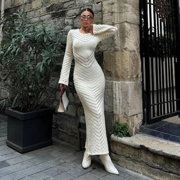 Commense Boho Coastal Knit Cream Stretch Split Hem Long Sleeve Dress Medium - Picture 2 of 6